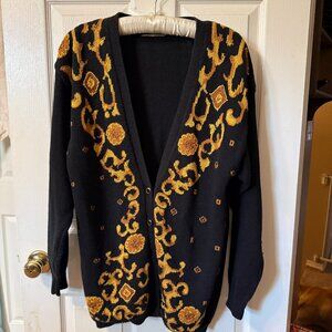 Y2K 90s Sk & Company Black and Gold Cardigan Sweater L XL